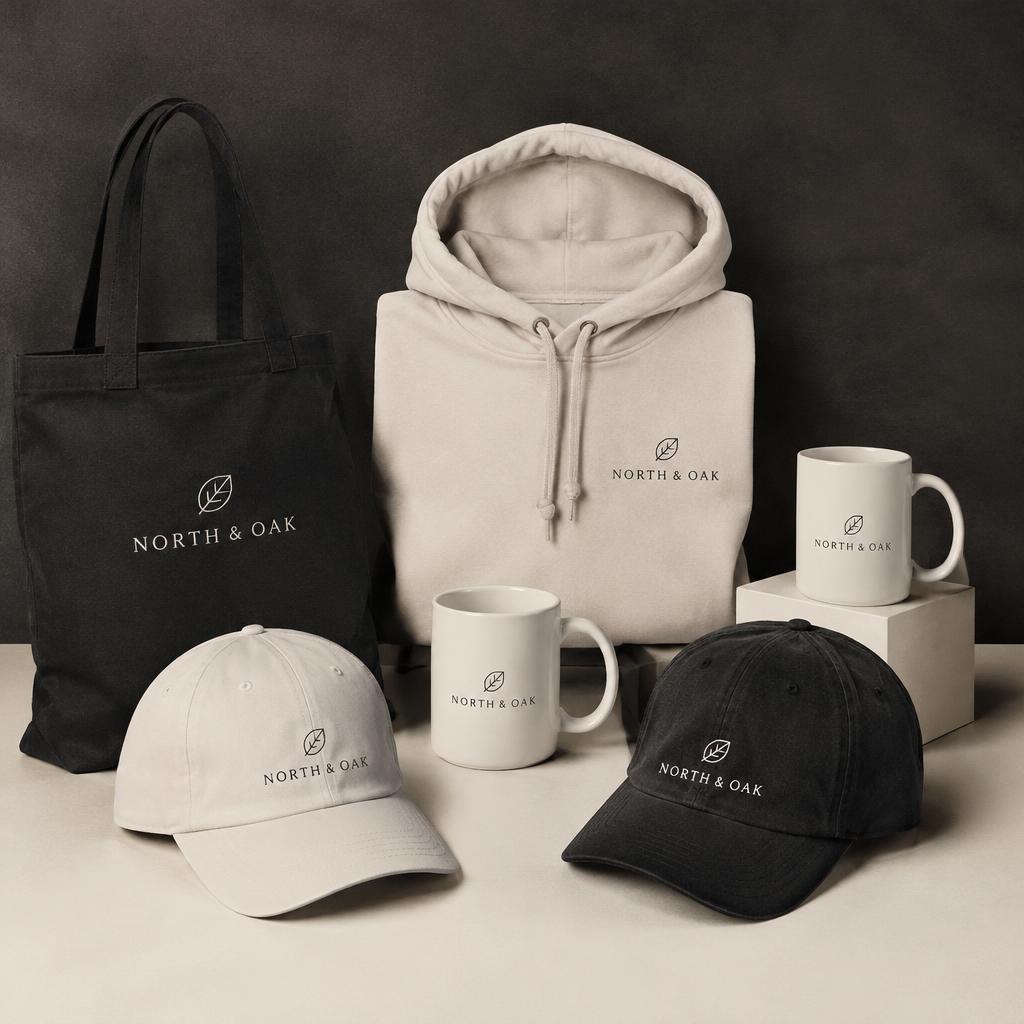 Branded hoodies, caps, mugs and totes